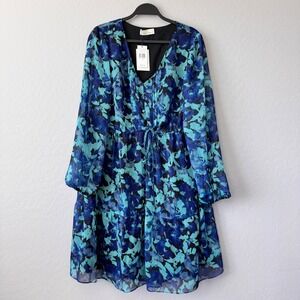 NWT Whitney Morgan Floral Dress Tiered Long Sleeve V Neck Blue 1X‎